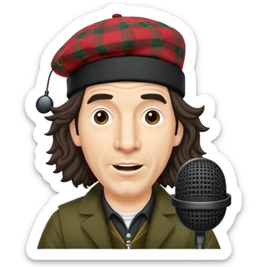 Nardwuar with his iconic tam o' shanter hat and microphone sticker