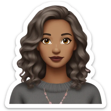 A woman with medium-length wavy brown hair, almond-shaped brown eyes, bold earthy-toned makeup, full nude-pink lips, and layered silver jewelry, wearing a dark top and gray sweater. Elegant and modern look. sticker