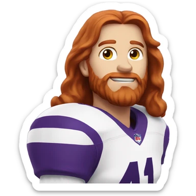 Redhead jesus playing American football wearing purple number 14 sticker