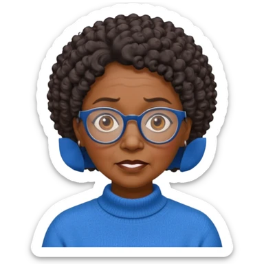 Old black woman, solemn, wearing glasses and blue sweater, short curly hair sticker