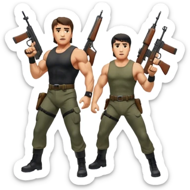 Icon for Action Movies: Arnold Schwarzenegger as John Matrix in Commando and Sylvester Stallone as John Rambo in Rambo, both in iconic action poses with weapons, intense expressions, and explosive backgrounds. Powerful and dynamic with dramatic lighting. Transparent background. sticker