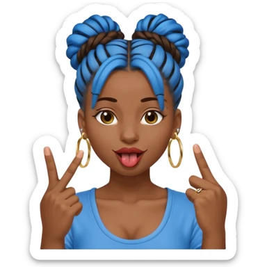 brown girl with blue locs in a bun with tongue out giving middle finger sticker
