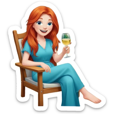 Laughing redhead with long hair and blue eyes holding white wine sitting in chair beside fire backyard sticker