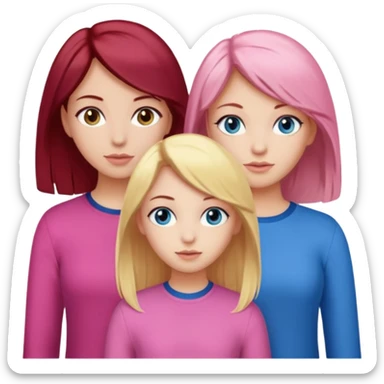 Three girls, one dark red hair with hazel eyes, one blonde with blue eyed and one with black hair and brown eyes, all wear pink sticker