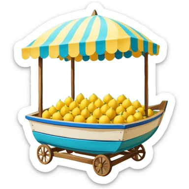 Mediterranean lemon stand by the sea, blue and white striped canopy
Fresh yellow lemons stacked, wooden boats and turquoise water background
Bright sunlight, Italian coastal summer vibe, vibrant colors sticker
