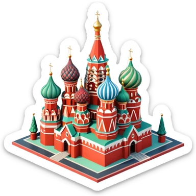 Isometric illustration of Moscow, featuring Saint Basil's Cathedral with its colorful onion domes, Red Square elements, in miniature diorama style, soft shadows and pastel colors. sticker