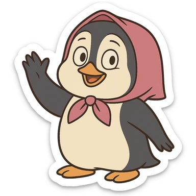 penguin character inspired by Masha and the Bear, waving sticker
