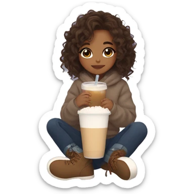  cute aesthetic brown wavy hair tan girl cozy drinking boba and wearing uggs  sticker