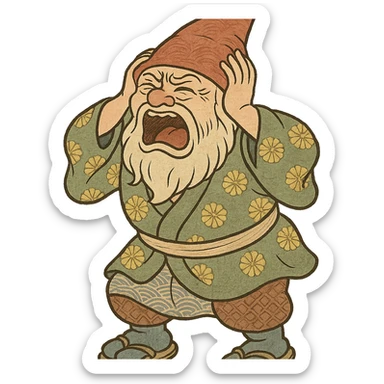 ukiyo-e style gnome holding his head and screaming sticker
