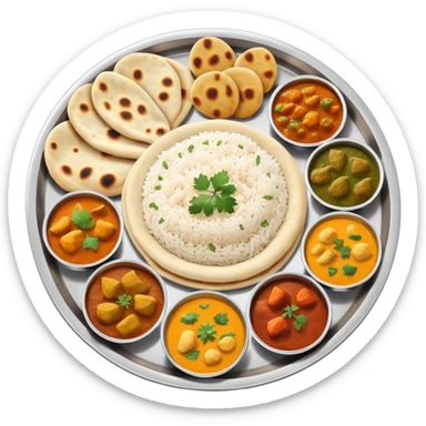 Indian food thali with curry, naan bread, and rice sticker