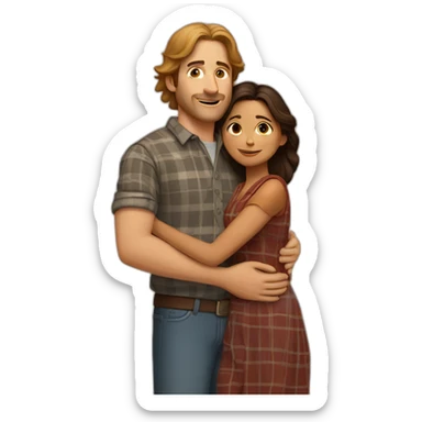 Tall white man with brown hair wearing plaid hugging small Indian woman sticker