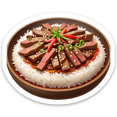 Bulgogi Cinematic Realistic Bulgogi Dish Emoji, depicted as thinly sliced, marinated beef stir-fried to perfection, rendered with dynamic textures and vibrant, appetizing lighting. sticker