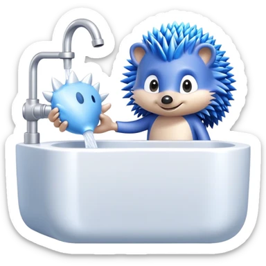Blue cartoon hedgehog character and silver cartoon hedgehog character in a bathroom washing hands sticker