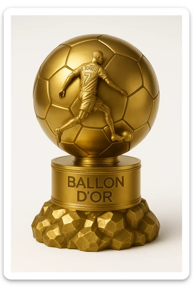 Replace the footballer silhouette on the Ballon d'Or trophy with Ousmane Dembélé's signature silhouette in a dynamic dribbling pose. Keep a stylized cartoon gold look with sparkles and a simple background. sticker