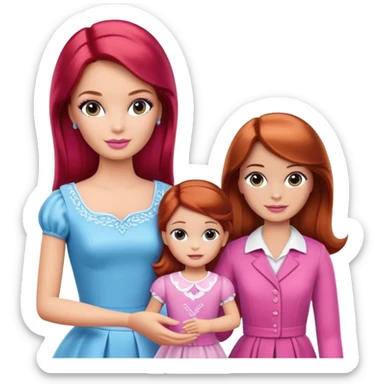 A barbie girl with makeup with brown hair with a child, a daughter, a girl with red hair, holding her hand in  and a husband, a man with brown hair, a family sticker