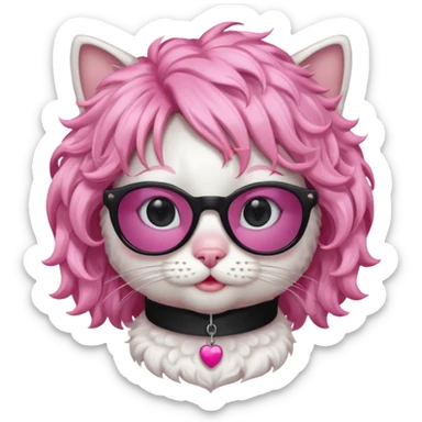 White cat wearing pink curly wig, black sunglasses sticker
