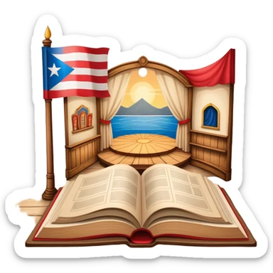 Timeless open book with visible pages of hand-drawn theater backdrop sketches, stage layouts and set designs, Puerto Rican flag motifs integrated throughout, wooden cover with theater symbols, warm light sticker