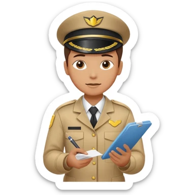 create a realistic emoji of a packaging station person with a protocol in his hand writing something down. sticker