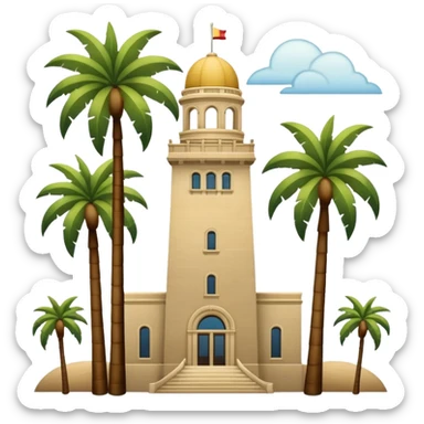 California Tower and the Museum of Us in San Diego, apple style emoji, simple, no text, white background, include palm trees, inspired by reference photo, version 3 sticker