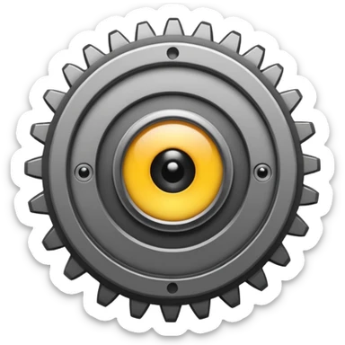 Minimalist emoji-style sticker of a mechanical gear with a realistic eye in the center. Flat graphic icon in grayscale. sticker