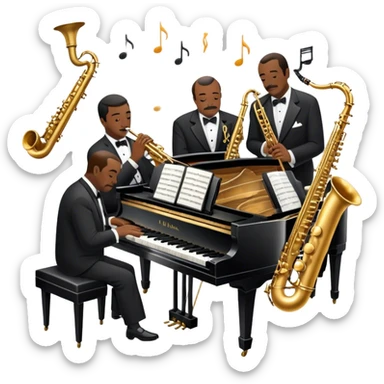 Icon for Jazz Music: Count Basie Orchestra, with Count Basie at the piano surrounded by jazz musicians playing instruments like saxophones, trumpets, and drums. Floating musical notes should capture the energetic and smooth vibe of big band jazz. Transparent background. sticker
