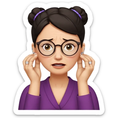  middle aged woman with dark hair pulled up in a high bun, wearing round ring earrings and glasses with a very painful expression on her face, eyes squeeed shut, wincing in pain,covering her ears with her hands, trying to not hear a terribly loud noise sticker