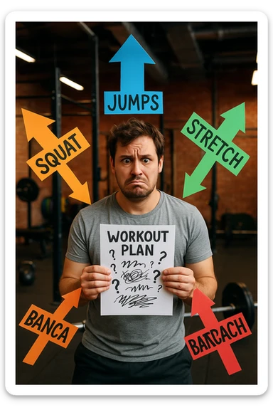 a person stands in the center of a gym, surrounded by arrows pointing in all directions, each labeled with a different exercise (e.g., “squat,” “Salti,” “stretch,” “Panca Piana”). The person looks bewildered, holding a workout plan with scribbles and question marks. The scene is colorful but visually messy, symbolizing confusion. in italiano immagine iperrealistica sticker