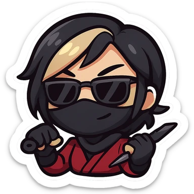 Sexy chibi ninja girl with black short hair and a blonde streak, only head and arms, colorful chibi style with bold outlines, transparent background, no mask, cool face with sunglasses and a smirk, sized for Twitch emoji use. sticker