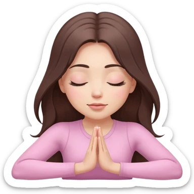 Brunette long hair Woman wearing pastel pink with eyes closed and long eyelashes doing yoga mediation  sticker