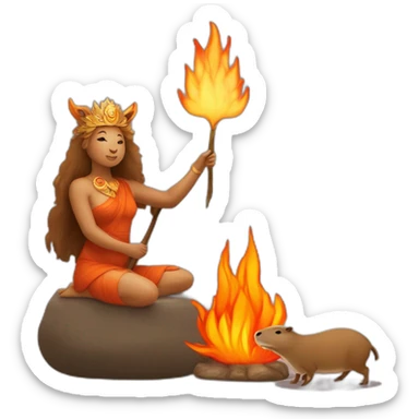 the goddess of the hearth and comfort next to a capybara holding a fire in its paws sticker