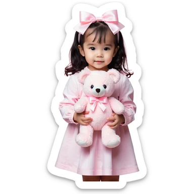 cute toddler girl with pastel pink clothes holding a pink teddy bear sticker