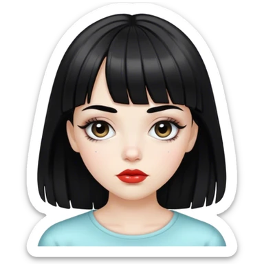 young girl with white skin. hairstyle with black bangs. thin eyebrows. full glossy lips sticker