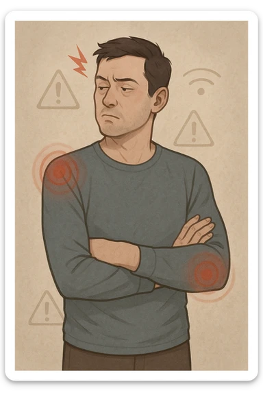 uomo che ignora i suoi un mal di testa, mal di schiena e dolore articolare e ignora ogni segnale e messaggio che il corpo manda per avvertirlo sticker