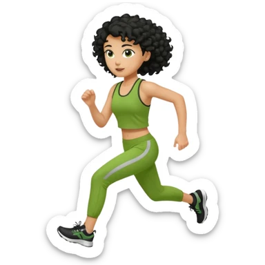 a woman with olive skin tone and curly black hair wearing green and jogging sticker