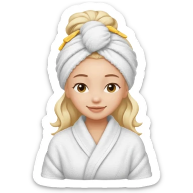cute girl with her eyes closed and smiling, wearing a spa towel as her clothes in she has a spa towel on her hair sticker