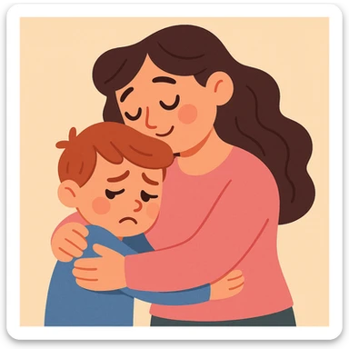 mother hugging sad child, gentle and comforting sticker