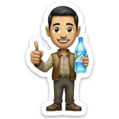 caricature of a man wearing Indonesian santri-style clothing holding a mineral water bottle pointed forward, and one hand giving a thumbs up.  sticker