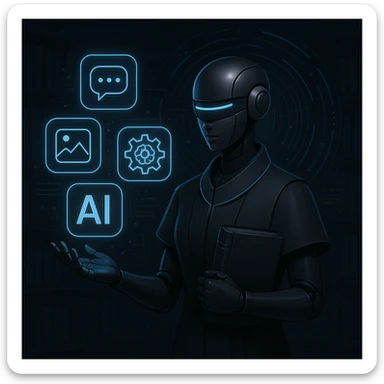 sleek robot librarian in dark mode, holding floating AI tool icons, with a holographic interface and minimalist tech outfit sticker