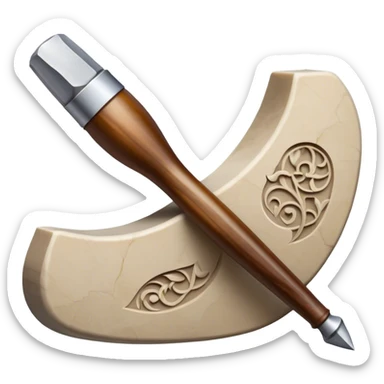 Carving icon, stone, bone, and horn with detailed patterns, carving tools like chisel and awl, minimalistic style, clean lines, transparent background. sticker