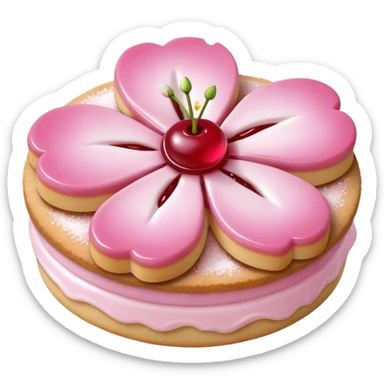 Realistic shortbread cookie in the shape of a cherry blossom with pale pink color jelly middle filling and sprinkled powder sugar on top. sticker