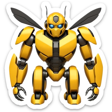 Futuristic robotic bumblebee character in the exact style of Bumblebee from Transformers movies, highly detailed 3D model sticker