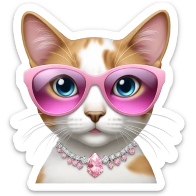 Calico cat with pink Diamond sunglasses, Diamond earrings, Diamond necklaces sticker