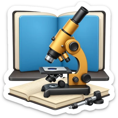 microscope next to a notebook sticker