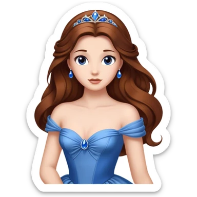 Cinematic Elegant Belle Portrait Emoji, rendered in a realistic, vector-style with minimal shading and bold, simplified shapes. Depict Belle (chest and above) with fair, luminous skin, deep brown expressive eyes, and long, flowing chestnut hair styled elegantly, wearing her classic blue ball gown. The image glows with a soft, warm radiance and high shine, capturing timeless refined beauty. sticker
