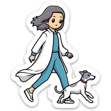 Japanese girl with flowing hair walking a grey greyhound sticker