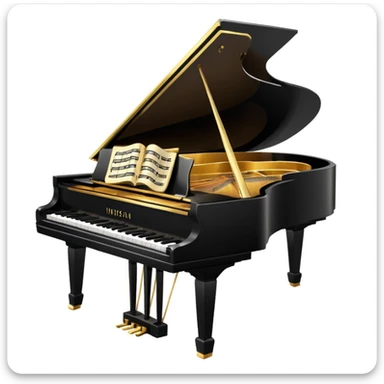 emoji de piano de cauda preto com notas musicais douradas, ambiente refinado, estilo Nova York clássico sticker