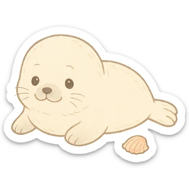 baby seal outline, soft pastel Japanese hand-drawn style, full object, with a tiny shell sticker