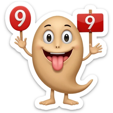 A school that has the number 9 on top of it's eyes holding a sign with the number 9 on the sign with a mouth sticking out his tongue with legs and arms with him being happy full of joy sticker