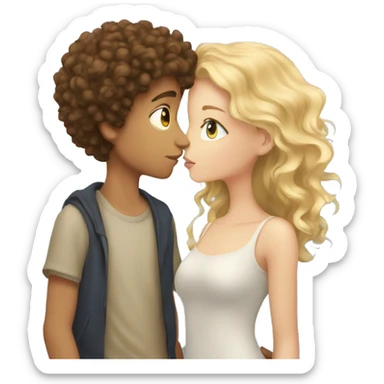 Boy with brown curly hair and blue eyes kissing blond girl  sticker
