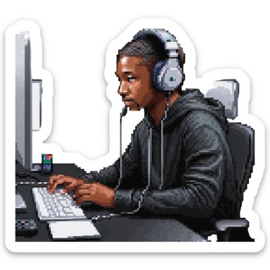 Person with headphones at computer desk recording video sticker